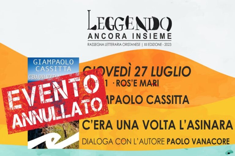 Leggendo in Giardino: annullato l’appuntamento di stasera con l’autore Giampaolo Cassitta